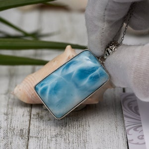 blue Larimar Necklace, rectangle Pendant, Turtleback Larimar, 925 sterling Silver Larimar Pendant, Gift for Her, Christmas Gift