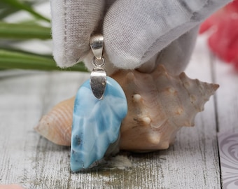 Stunning Larimar Pendant with Angel Wing Design on sterling silver clasp - Larimar Necklace with Angel Wing Charm