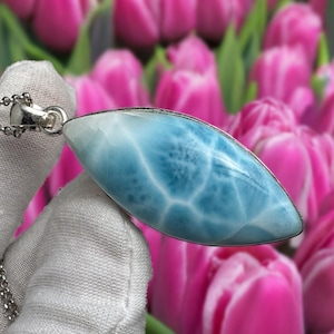 Larimar Pendant: Rectangle Blue Gemstone, 925 Sterling Silver