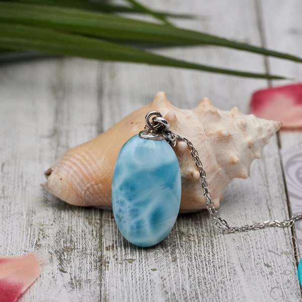 Larimar Crystal, Oval Larimar Necklace, Larimar Necklace, Turtleback Larimar Pendant, Dominican Larimar, Gift for Her, Gift for Mom