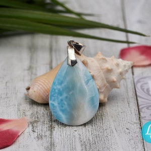 Larimar Pendant , Larimar Necklace , Larimar blue and white pendant , teardrop larimar 925 sterling silver