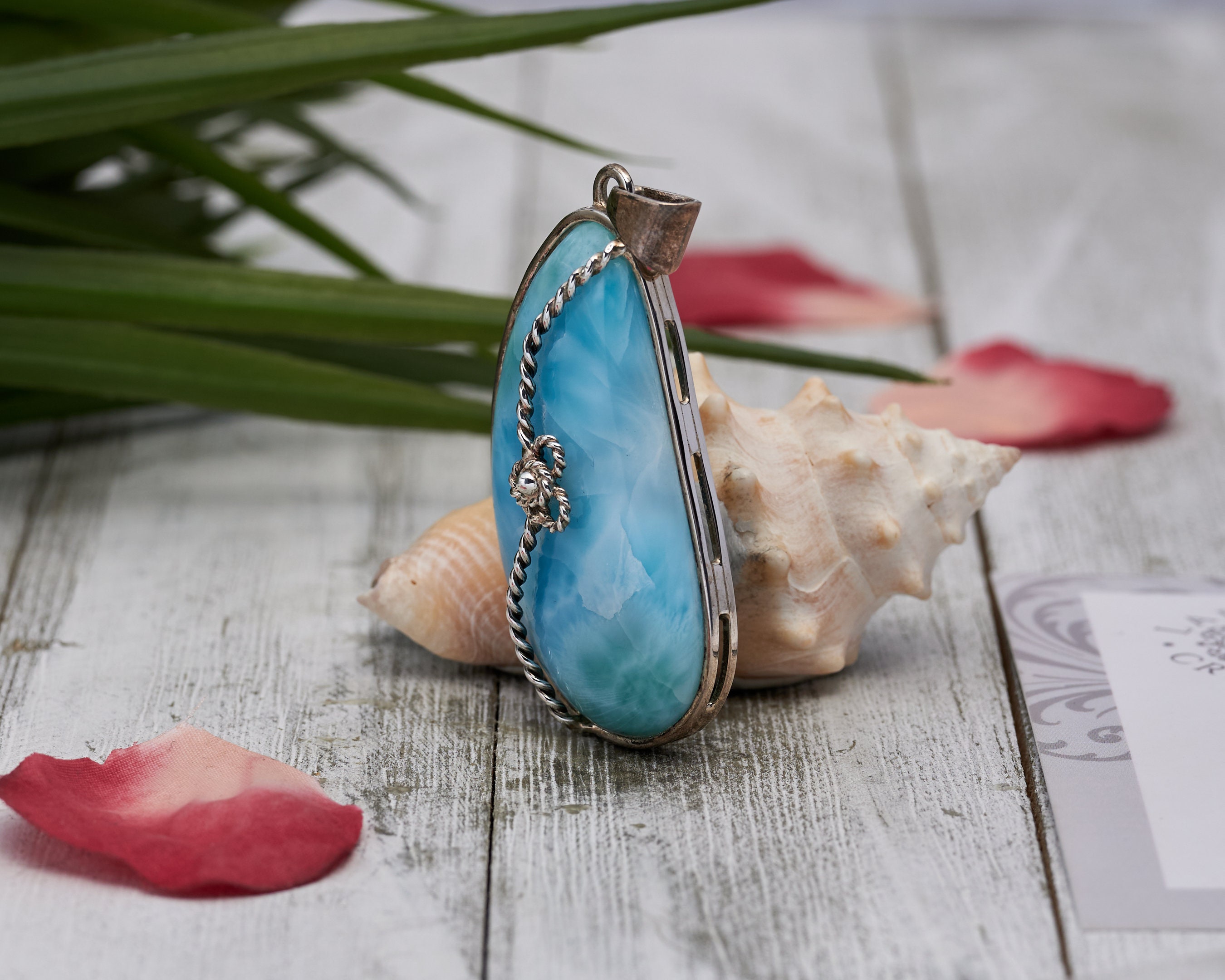 Blue Larimar Necklace Bell Shape Pendant Turtleback Larimar 925