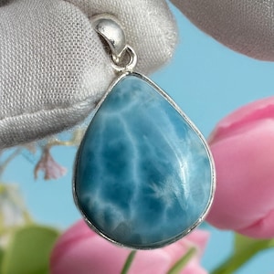 Larimar Teardrop Necklace: Sterling Silver, June Birthstone, Boho Style