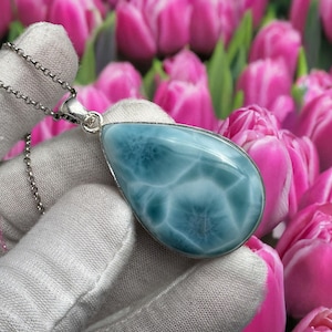 Larimar Teardrop Pendant: 925 Sterling Silver, Handmade