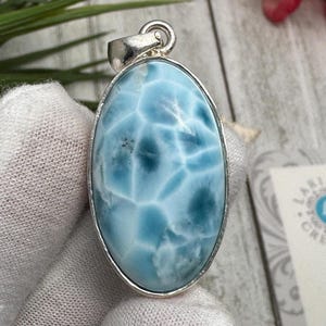 Oval Larimar Pendant: Blue Gemstone, Sterling Silver Jewelry