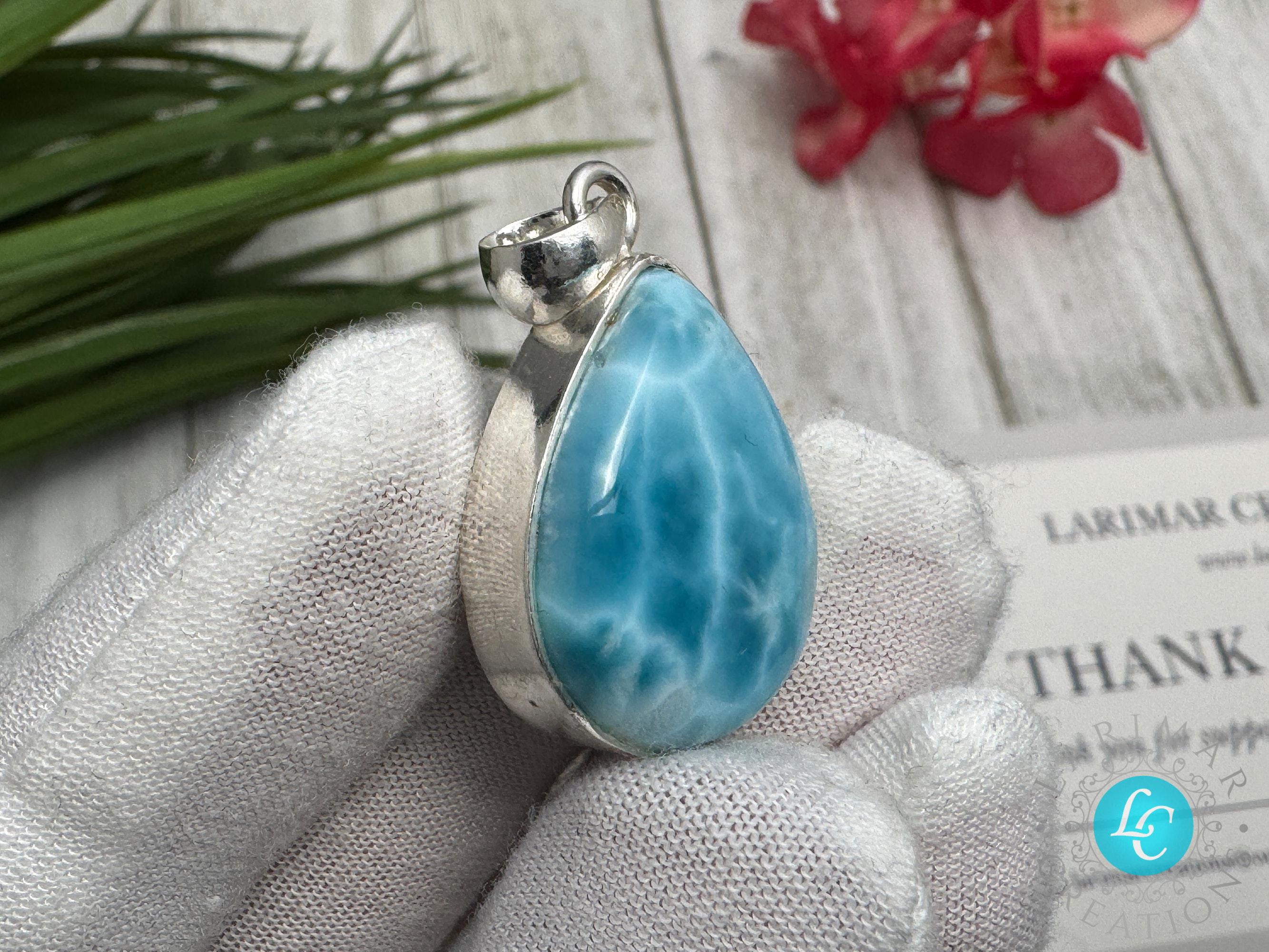 ラリマー ティアドロップ ネックレス：スターリングシルバー、6月の