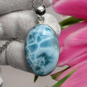 Oval Larimar Pendant Necklace: 925 Sterling Silver, Caribbean Gemstone