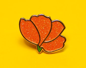 California Poppy Glitter Enamel Wildflower Pin with Brass Plating