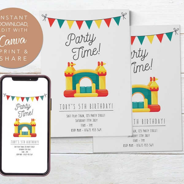 Bouncy Castle birthday party invitation printable, Bounce house party invitation, Canva editable digital download template, play inflatable