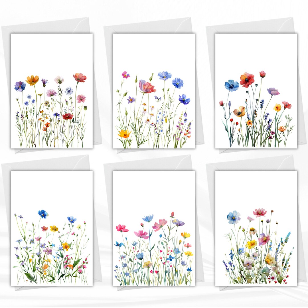 Watercolor Wildflower Greeting Cards Set of 6, Folded Floral Note Cards ...