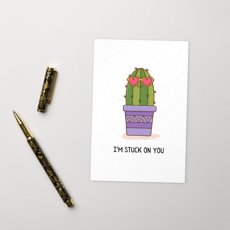 Valentine/'s Love Card Wedding Gift Potted Plant Cute Cactus Best Friend Galentines Anniversary New Home Card I/'m stuck on you