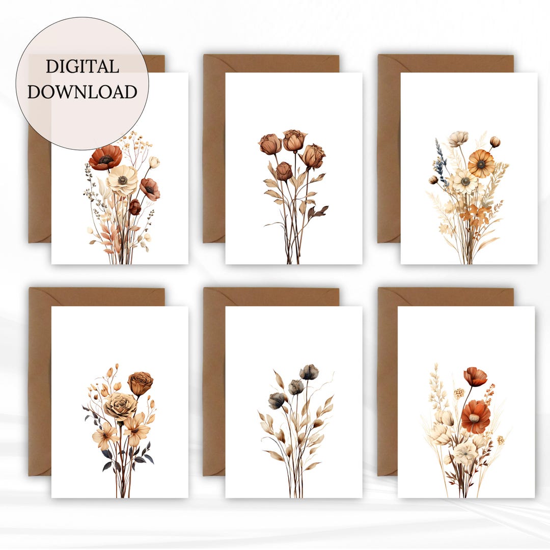 Printable Botanical Greeting Cards Set of 6 | Neutral Floral Cards ...