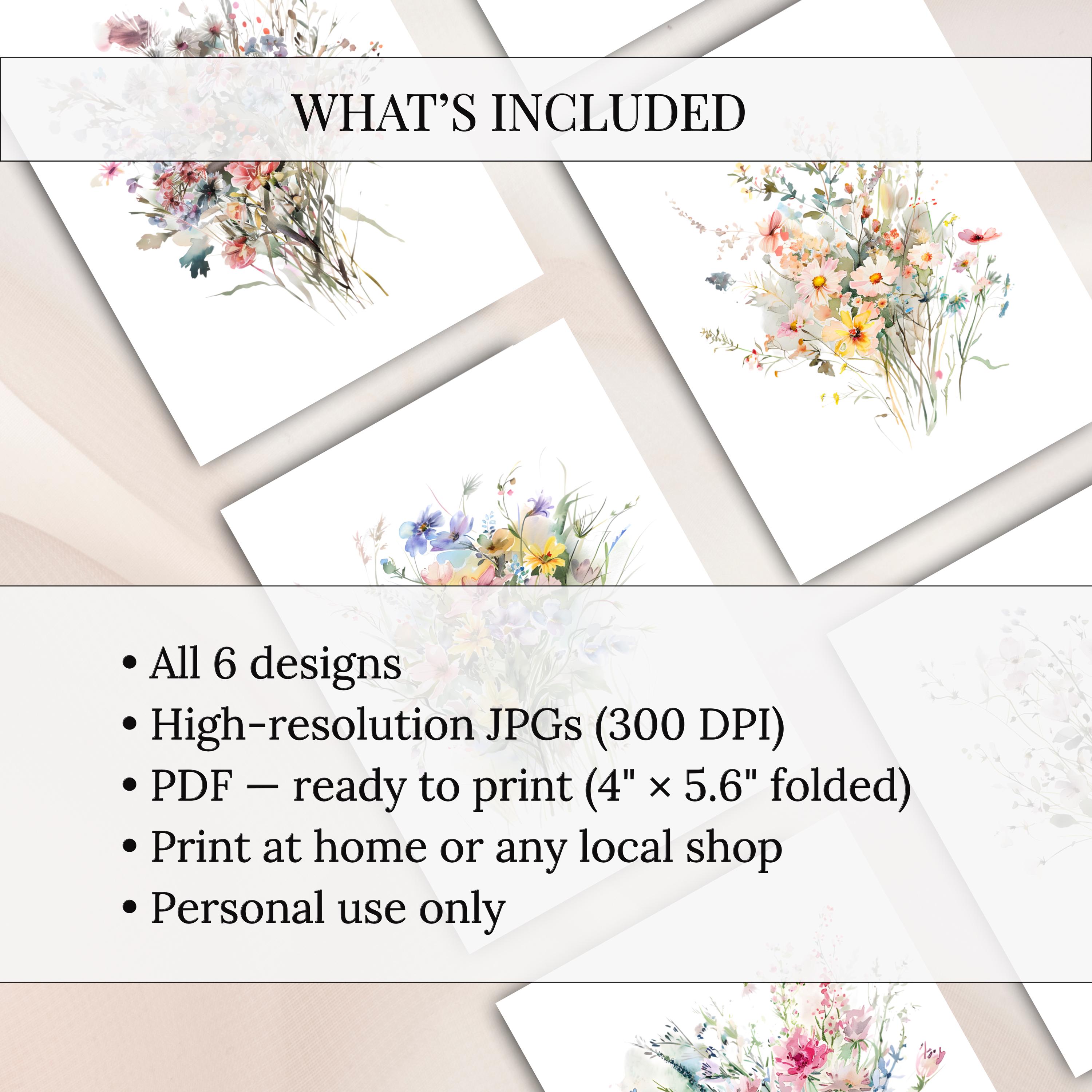 Printable Pastel Wildflower Greeting Cards Set of 6 | Soft Watercolor ...