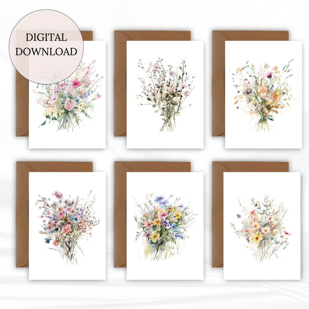 Printable Pastel Wildflower Greeting Cards Set of 6 | Soft Watercolor ...