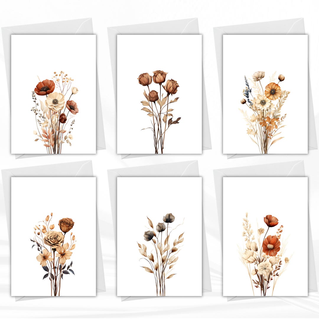 Botanical Greeting Cards Set of 6 | Neutral Floral Folded Cards With ...