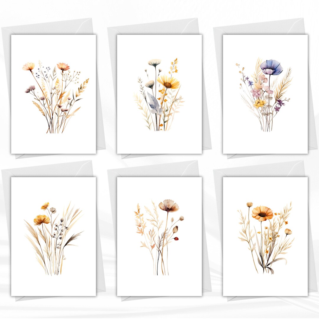 Neutral Wildflower Greeting Cards Set of 6, Minimal Botanical Cards ...