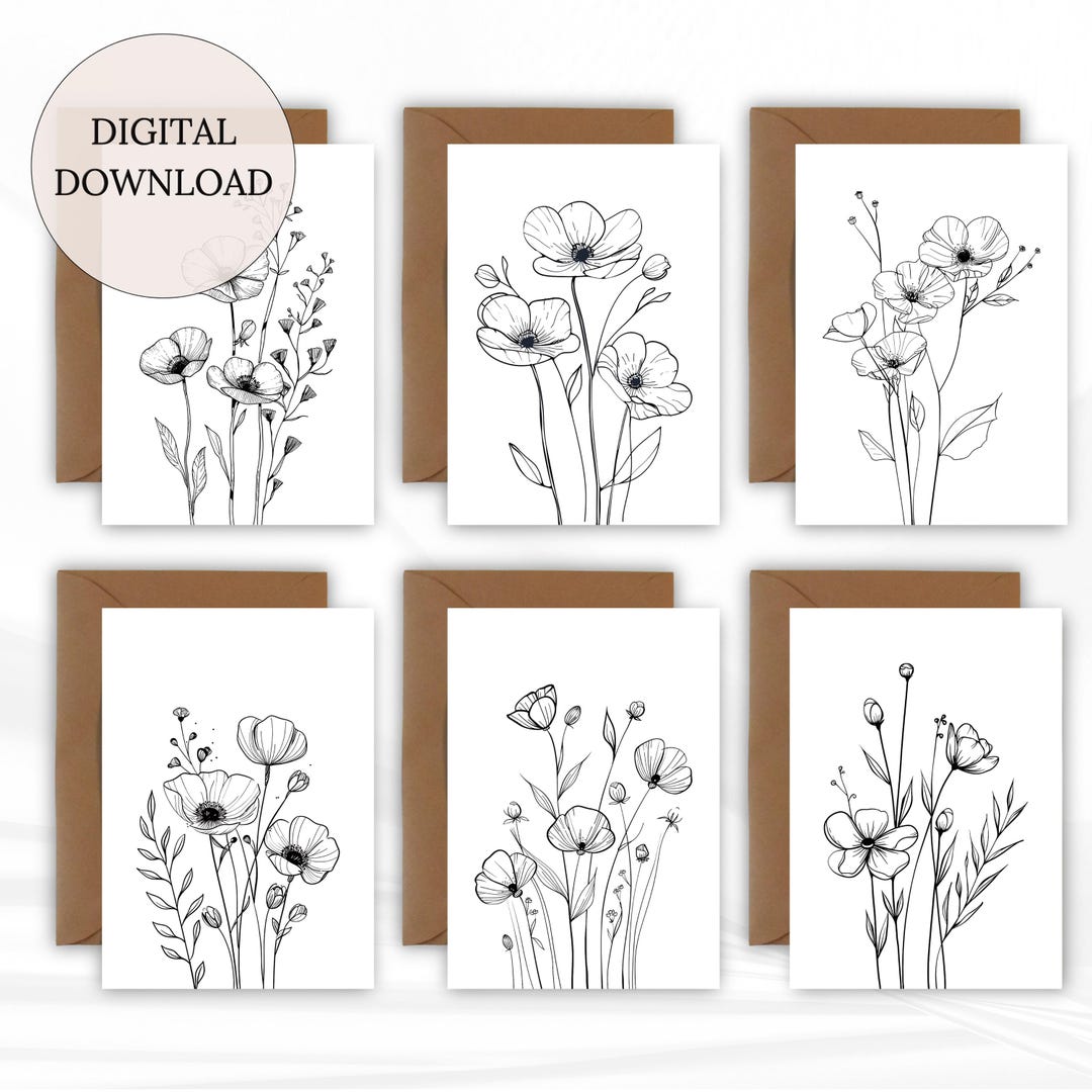 Black & White Floral Line Art Greeting Cards Set of 6 – Botanical ...