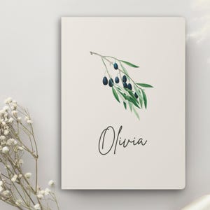 Personlig anteckningsbok med olivkvist | Anteckningsbok med eget namn | Omtänksam present till henne
