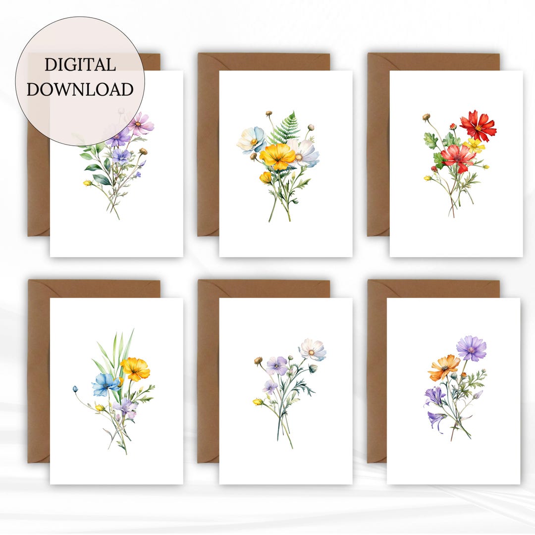 Wildflower Botanical Set of 6 Printable Cards, Meadow Floral Digital ...