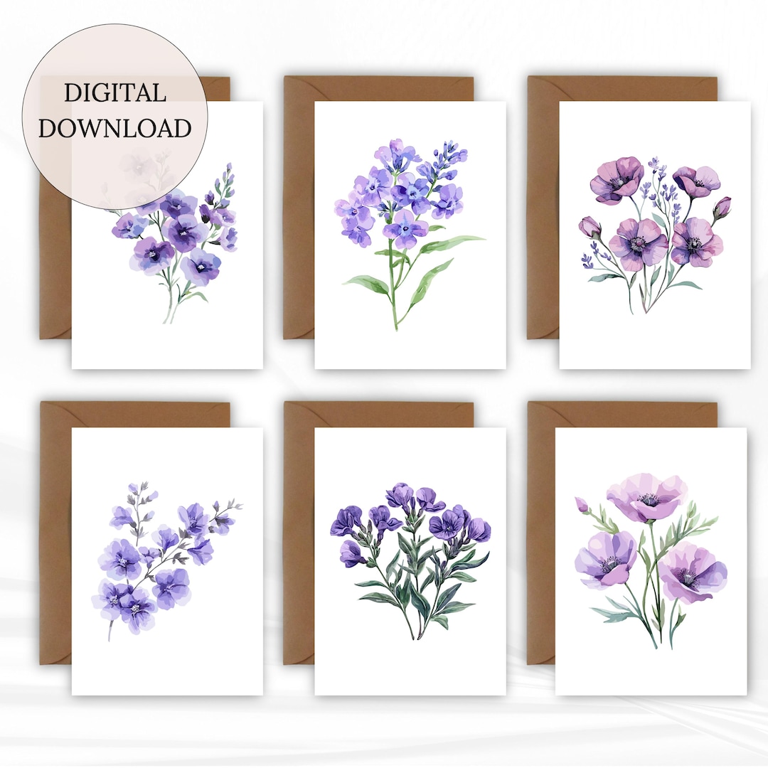 Purple Watercolor Floral Greeting Cards – Printable Lavender Botanical ...