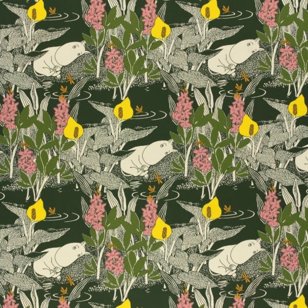 Moomin Cotton Fabric By The Yard, Scandinavian Fabric, Green Yellow Pink