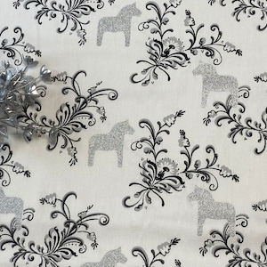 Christmas tablecloth Swedish dala horse Silver White Black; Round Oval Rectangle tablecloth