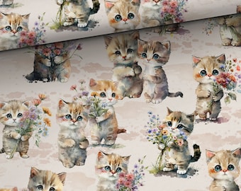Cute cats kittens with flowers fabric by the yard, Premium cotton fabric quilting sewing fabric