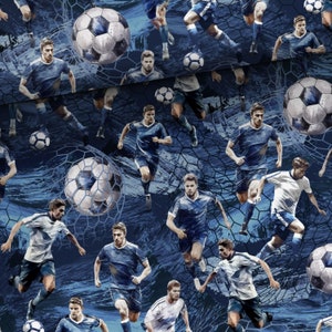 May include: A seamless pattern featuring a blue and white soccer theme. The pattern includes soccer players in blue uniforms, soccer balls, and a soccer net. The background is a blue and white abstract design.