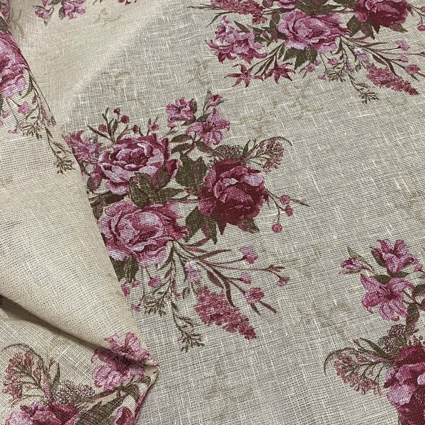 Rustic Natural Linen fabric Floral print linen fabric Shabby Chic Floral linen fabric Pink Roses on Ecru background Burlap linen