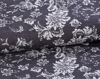Linen fabric Floral linen fabric Flower Plants Printed Scandinavian linen fabric White flowers on gray background