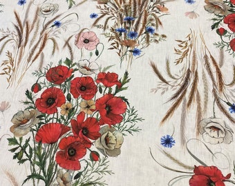 Linen fabric Poppies Cornflowers Midsummer flowers Floral linen fabric Extra wide 250cm/ 99 inches wide