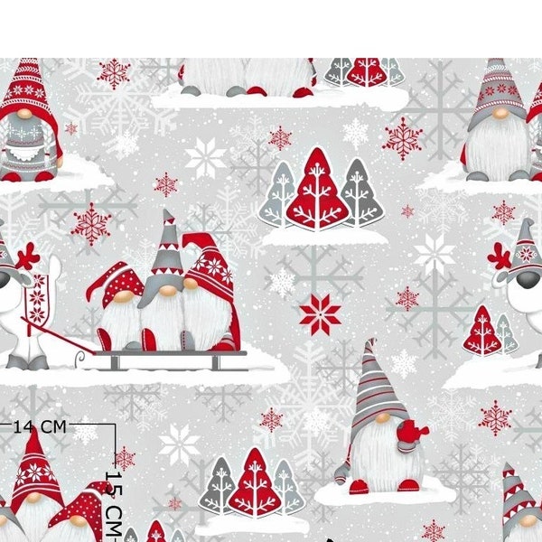 Tissu avec des gnomes, tissu de Noël en coton par mètre, tissu scandinave, tissu de Noël, tissu nordique de nain