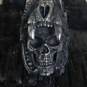 Oxidised Antique Silver Skull and Jaguar Stainless Steel Statement Ring