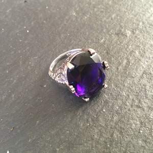 Victorian/Edwardian Gothic Steampunk Silver Statement/Costume Ring with Purple Stone