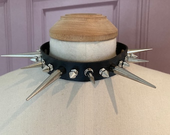 Black PU Leather Silver Spiked Collar Choker