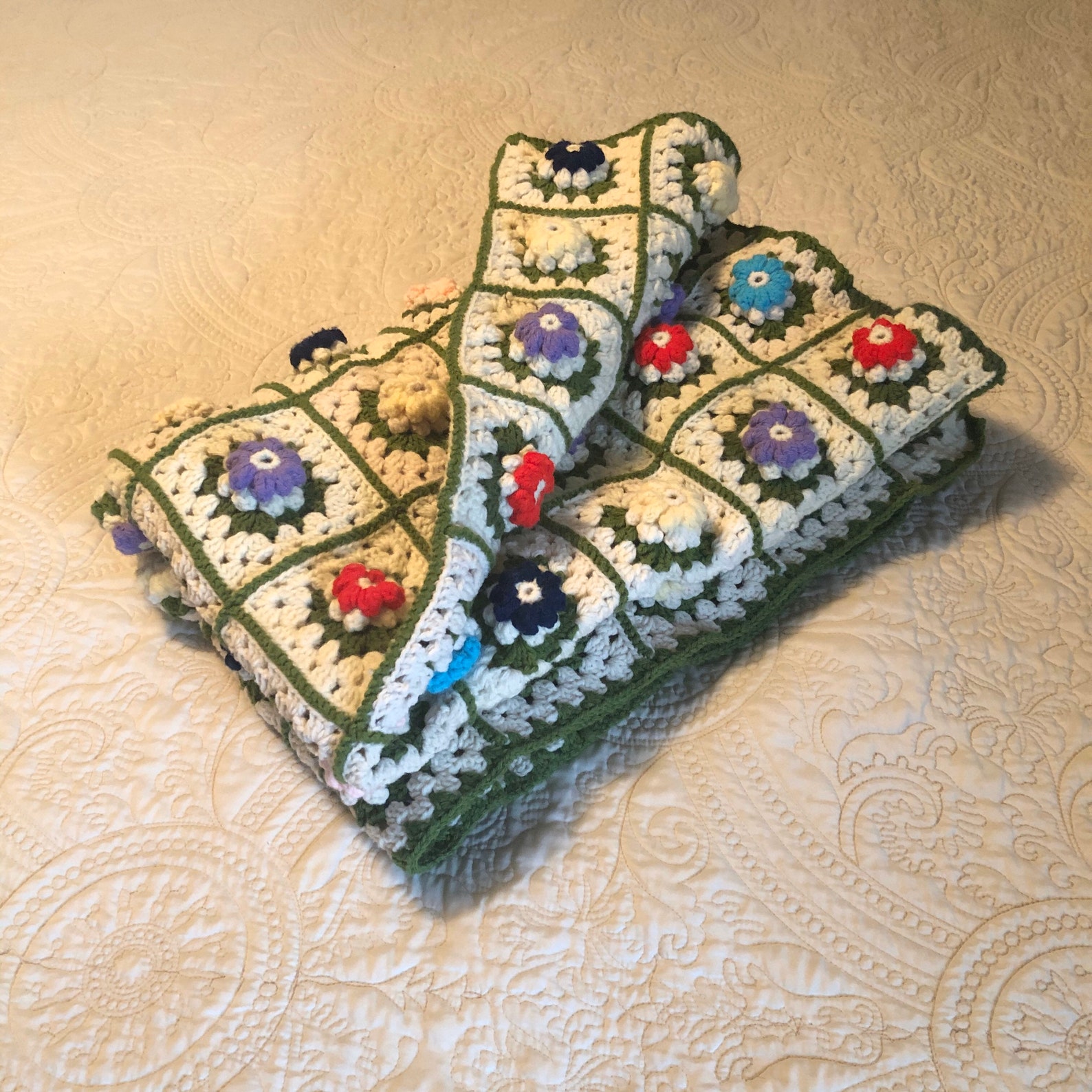 Afghan Handmade Vintage Unusual Raised Flowers 58 X 45 Etsy