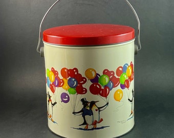 Vintage 1984 WSCC Marjorie Sarnat Tin With Penguins and Balloons. Lid and Handle.