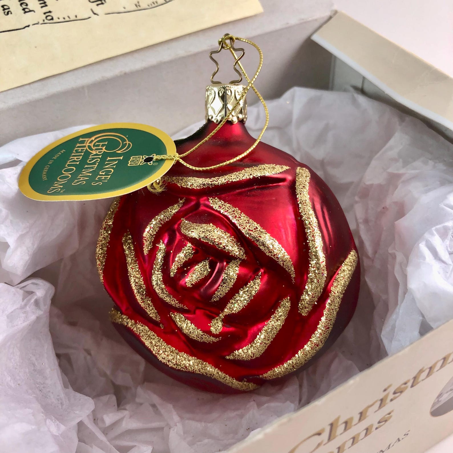 Inge’s Christmas Heirlooms Glass Rose Ornament Made sun Germany