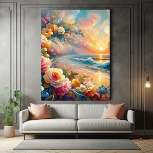 Floral Beach Sunrise Canvas Art: Coastal Nature Print, Ready to Hang