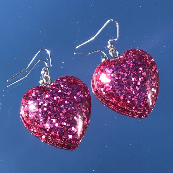 Pink Heart Glitter Earrings Etsy