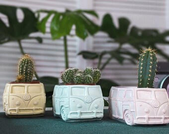 Concrete plant pot with cactus - vw camper van - retro planter