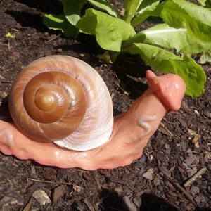 May include: A brown and white snail sculpture with a pink body and a detailed shell. The sculpture is sitting on a bed of brown mulch.