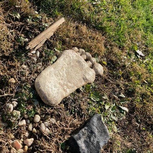 May include: A large, light gray stone shaped like a human foot, resting on a bed of brown grass and small stones.