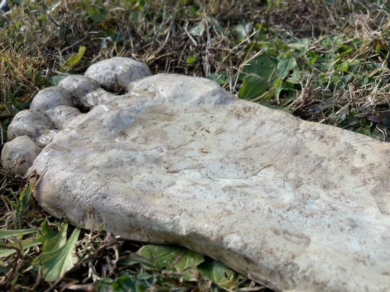 May include: A large, white, concrete foot sculpture with a textured surface. The sculpture is lying on a bed of green grass.