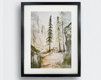 Mountain Trees Watercolor Painting: Nordic Nature Art Print