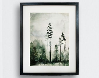 Nordische Wald Aquarell Kunstdruck, Kiefer, Natur Druck, Bewölkte Waldlandschaft, Immergrün, Wald Kunstwerk, Baumkunst, Ska Kirslys