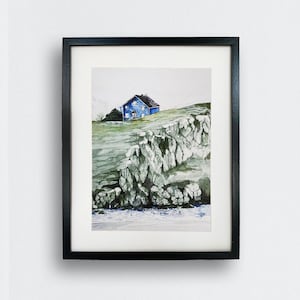 Blue Scandinavian Cabin, stampa artistica ad acquerello, stampa murale di montagna islandese, stampa artistica di pittura di montagne nordiche, amante dell'escursionismo, prato nordico