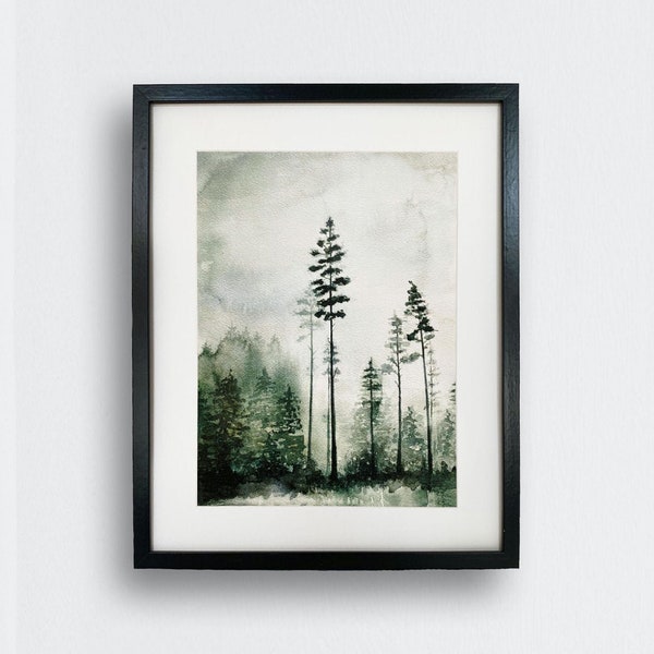 Nordic Forest Watercolor Art Print, Foggy Pine Tree, Nature Print, Cloudy Forest Landscape, Evergreen, Forest Artwork, Tree Art, Ska Kirslys