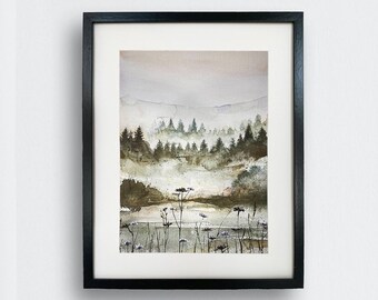 Foggy Forest Watercolor Art Print: Nordic Landscape