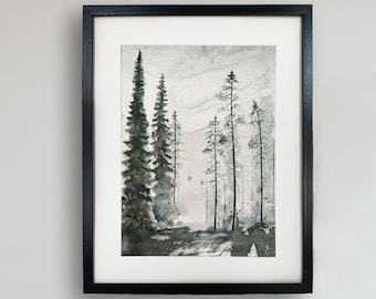 Dark Forest Watercolor Art Print: Moody Winter Pine Trees